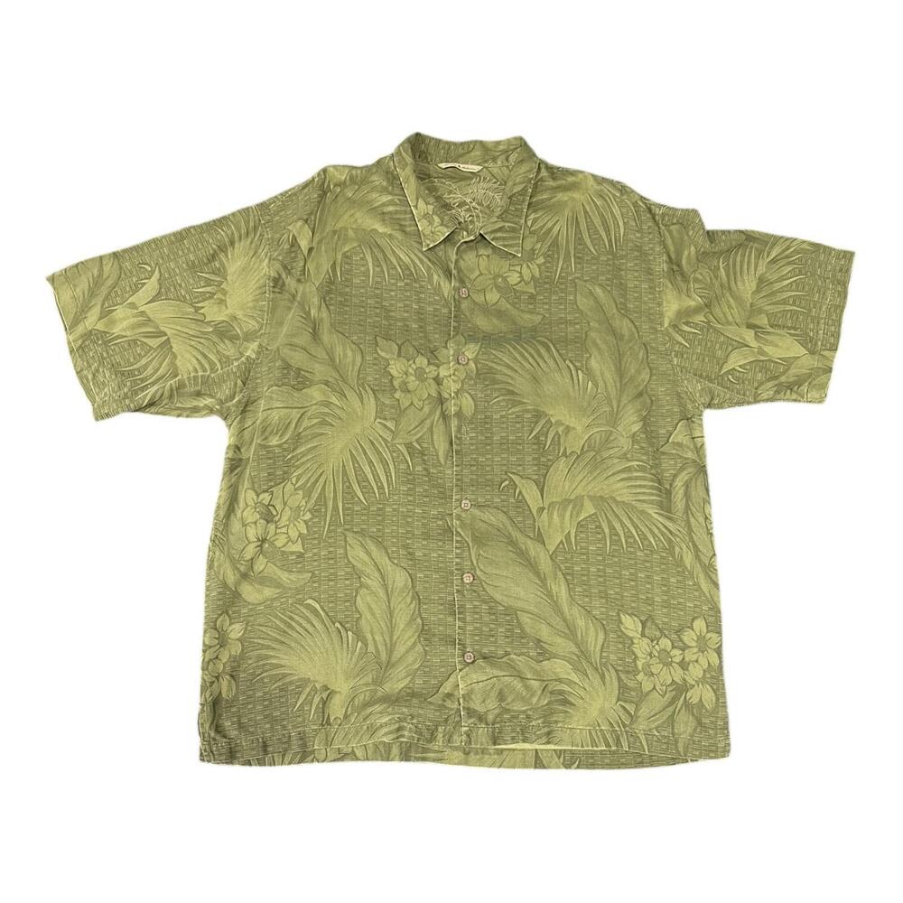 Tommy Bahama 100% Silk Green Tribal SHORT SLEEVE BUTTON UP SHIRT XL Extra Large